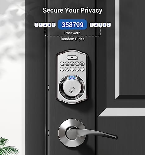 Veise Fingerprint Door Lock With 2 Lever Handles - Keyless Entry Door Lock With Handle, Electronic Keypad Deadbolt Front Door Lock Set, Auto Lock, 1 Touch Locking, Easy Installation, Satin Nickel #TOP6