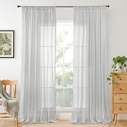 Image of BGment Long Linen Curtains 102 Inch Length for Living Room, Light Grey Sheer Window Drapes for Bedroom Farmhouse Decor with Rod Pocket Lightweight Rustic Textured, 2 Panels Set, Each 52 Inch Wide