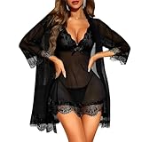 BYHANG Lencería Sexy para Mujer 5 Piezas, Babydoll de Encaje con Bata, Camisón Transparente, Tanga, Cinturón y Medias...