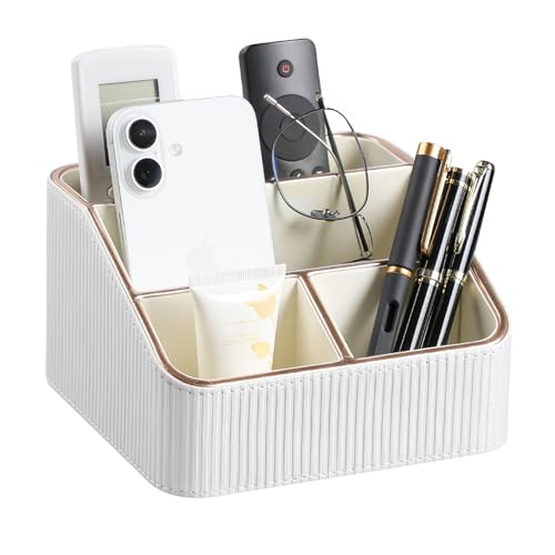 Cretkhp Remote Control Holder with 4 Compartments, PU Leather Small Nightstand Organizer for Home Desk Accessories Office Supplies, Multifunctional Stylish Small Bedside Desktop Organizers (White)
