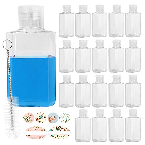 20 Pack 2oz/60ml Clear Empty Plastic Bottles with Flip Top Cap,Mini BPA/Paraben Free Squeeze Bottles Travel Bottles for Shampoo, Toner, Lotion, Cream,etc. Include 1Brush, 24 Labels.