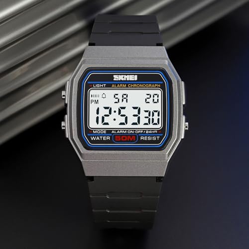 Gosasa Men's Square Digital Watch Multi-Function 50M Waterproof LED Sports Watches with Alarm Date Stopwatch (Titanium)