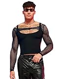WDIRARA Men's Contrast Mesh Sheer Cut Out Long Sleeve Crop T Shirt Slim Fit Party Tee Top Black M