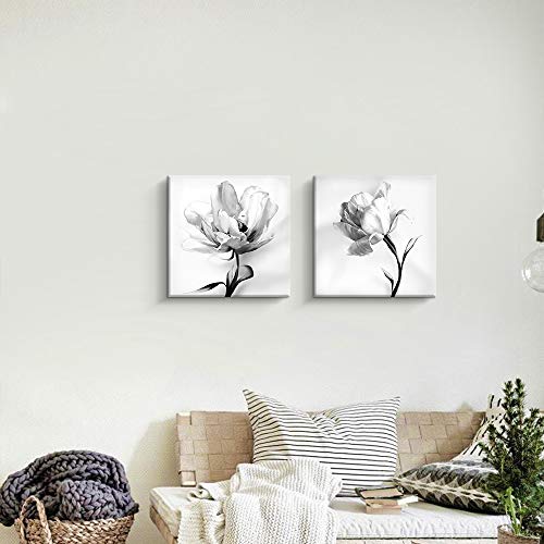 Pinetree Art 2 Panel Black And White Canvas Wall Art White Flower Rose Nordic Canvas Prints Painting Wall Decor For Living Room Wooden Framed Home Decorations - 12"X12" (White Flower, 12 X 12 2Pcs) #TOP2