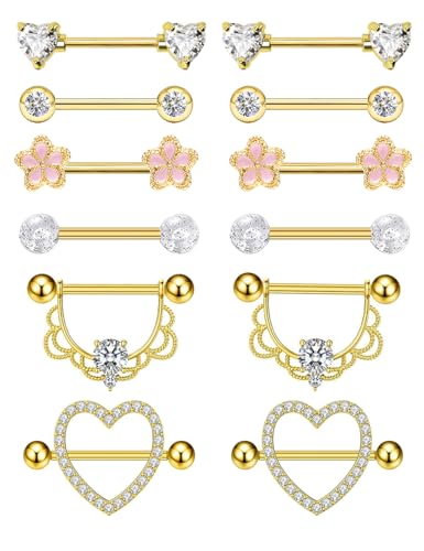 TIANCI FBYJS 6 Pairs Nipple Rings Stainless Steel Heart Butterfly Moon Flower CZ Stud Barbell Tongue Rings Set Cute Nipplerings Piercing Jewelry for Women Pink Tone (gold color)