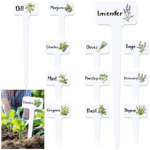 FYSUIMU Large Acrylic Herb Garden Markers 11.8 x 3.3 Inch T-Type Plant Label Signs Waterproof Large Plant Stake Tags with Herb Names for Nursery Indoor Outdoor Garden Decor, 12Pcs 12 Styles