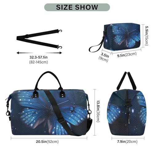 Large Travel Duffel Bag, Blue Butterfly Night Sports Tote Gym Bag, Shoulder Weekender Overnight Bag for Women Men, Carry On Luggage with Toiletry Bags3
