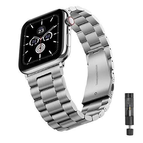 KEMIN Bracelet de montre compatible avec Apple Watch Band 45 mm 44 mm 42 mm, bracelet de rechange en acier inoxydable compatible avec iWatch Series 7 6 5 4 3 2, SE (argent) Cover