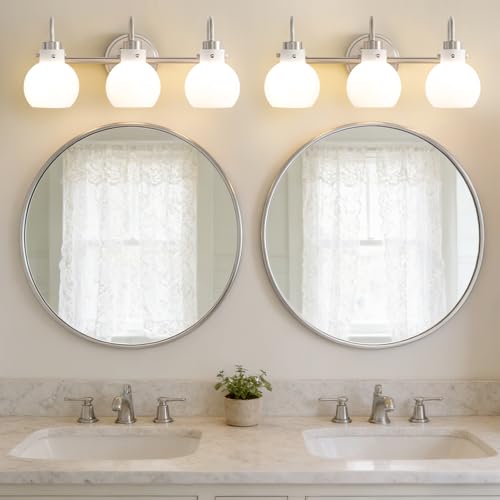Image of Bathroom Light Fixtures Brushed Nickel 3 Light Vanity Light Wall Sconces with Milk Globe Glass Shades Bath Wall Lamp over Mirror Farmhouse Wall Mount Lights for Kitchen Living Room Bedroom Hallway