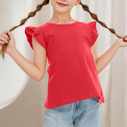 Girls Butterfly Sleeve Blouse Elegant Ruffle Trim Tees Crewneck Tops Short Sleeve Dressy Casual Blouses Plain T-Shirt2