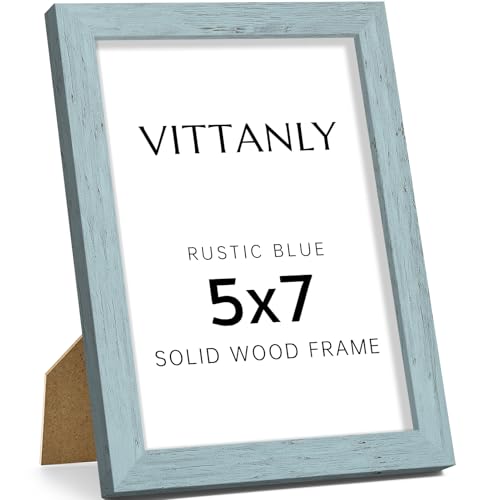 Vittanly 5x7 Picture Frame, Solid Wood Frame with Plexiglass, Rustic Blue