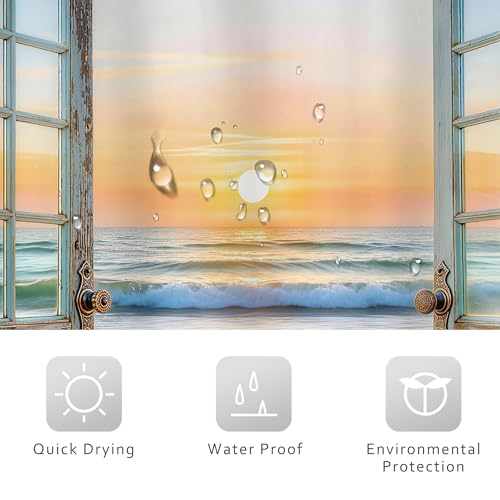 Image of Riyidecor Beach Ocean Shower Curtain 72Wx72H Inch Rustic Blue Seaside Barn Door Sea Sunset Scenery Sandbeach Hawaii Wood Landscape Natural Bathroom Decor Fabric Polyester Waterproof 12 Pack Hooks