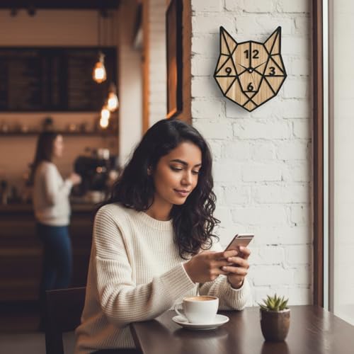 Image of cozyloom Geometric Animal Wall Clock Modern Wooden Fox Shape Analog Wall Clock for Living Room Bedroom Office Home Wall Decor Decorative Round Design (Wood & Black Frame)