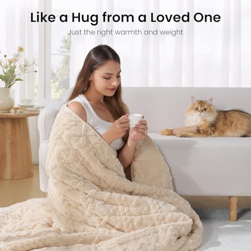Weighted Blanket Queen Size 15lbs, Classy Soft Jacquard Sherpa Weighted Blankets for Sleep Natural and Calming, Fluffy Cozy Sofa Bed Blanket for Winter, Beige, 60 x 80 inches - Image 6