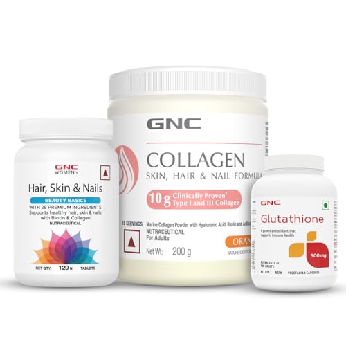 Image of GNC Youthful Radiance Trio | Marine Collagen Powder (Orange 200 gm) | Women's Hair, Skin, and Nails (120 Tablets) + Glutathione (60 Capsules) | Reduces Fine Lines & Wrinkles | Reduces Pigmentation