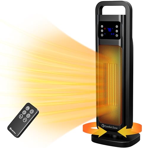 Comfort Zone 26” Oscillating Digital Tower Heater – Portable Ceramic Space Heater with Remote, Adjustable Thermostat (50°F-90°F), 24-Hour Timer, ECO Mode & Overheat Protection – ETL Certified, Black