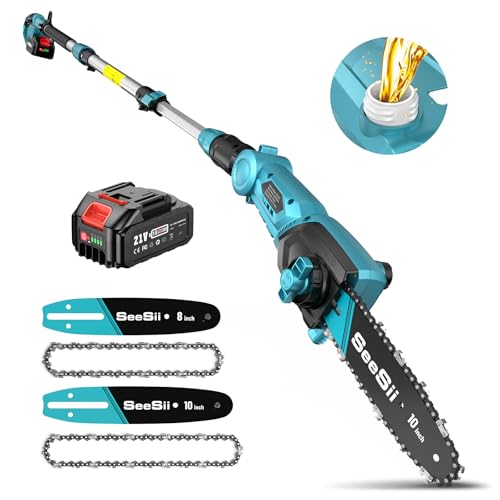 Seesii 8&10 Zoll Hochentaster mit 4000mAh Akku, Teleskop Kettensäge mit Verlängerungsstange und Gurt, Arbeitshöhe bis zu 4,57 m, mit Automatischem Öler, Ideal für Garten und Astschnitt