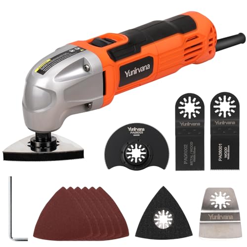 Yunirvana Oscillating Tool, 1.5A Oscillating Multi Tool with 3° Oscillation Angle, 12pvs Accessory: 3 Saw Blades, Semi-Circle Blade, Sanding Plate, 6 Sanding Papers for Cutting, Grinding, Sanding