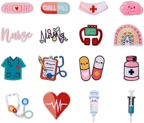 Cheriswelry 16pcs Embroidery Cloth Iron on Patches for Clothes Medical Nurse Day Theme Sewing Applique for Dress Pants Hats Jeans Jackets Backpacks Sew On Patches DIY Accessory 25~71mm