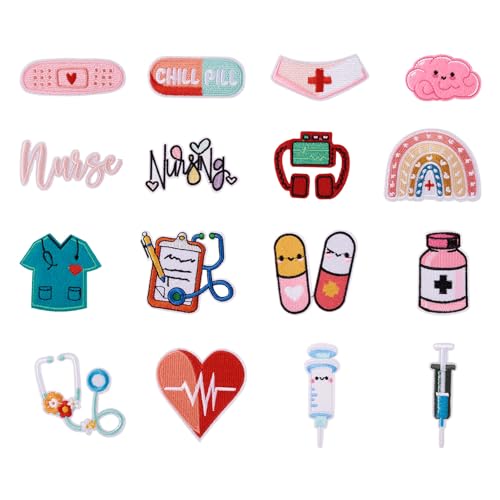 Cheriswelry 16pcs Embroidery Cloth Iron on Patches for Clothes Medical Nurse Day Theme Sewing Applique for Dress Pants Hats Jeans Jackets Backpacks Sew On Patches DIY Accessory 25~71mm