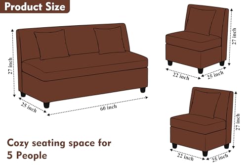Image of 3+1+1 Modern Velvet Fabric Sofa Set for Living Room | Three Seater Sofa with 2 Single Seater Chairs | for Home, Office| Brown