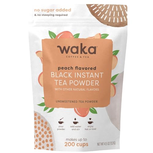 Image of Waka Instant Black Tea Mix, Peach Flavored - 100% Tea Leaves, No Additives, Unsweetened Tea Powder for 50 Quarts or 200 Cups - Easy and Quick Hot or Iced Teas (4.5oz)