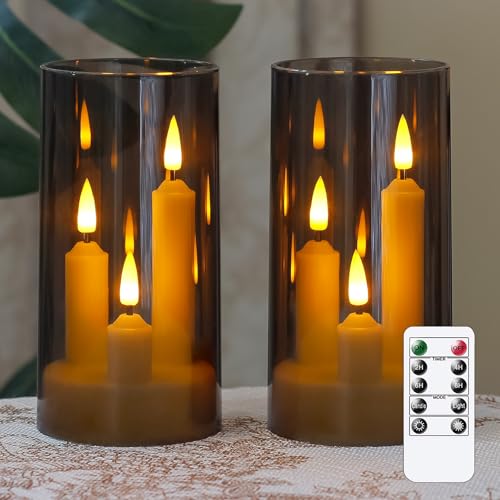 Zevanor 3 in 1 Flameless Taper Short Candles with 10 Key Remote Control and Timer, Battery Operated Pack of 2 LED Acrylic 7.5cm x15cm Grey Pillar Flickering Warm Light