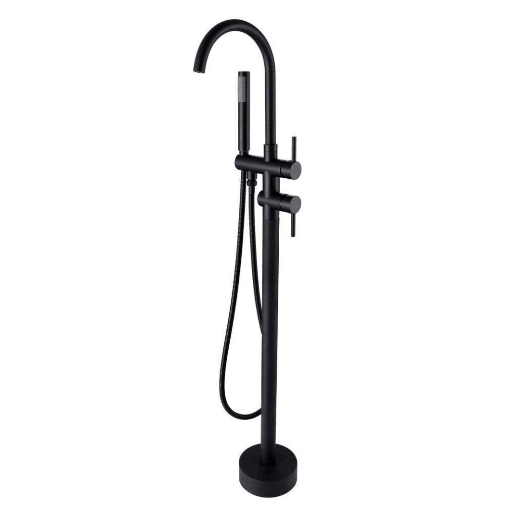CWCQGH Bathtub Floor Mounted Standing Bathtub Faucet Gold Round Spout Bath Mixer Tap Floor Mounted Bathtub Filler Shower Tub Faucet Set, Gold,Black
