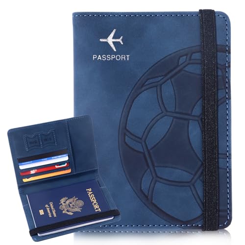 Passport Holder and Card Slot Combo RFID Blocking Leather Personalized Travel Passport Wallet for Men and Women US Passport Cover Protector (Soccer blue)2
