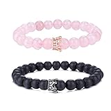 UEUC Distance Couple Bracelet with CZ Crown King&Queen Black Matte Agate & Pink Agate 8mm Beads Bracelet