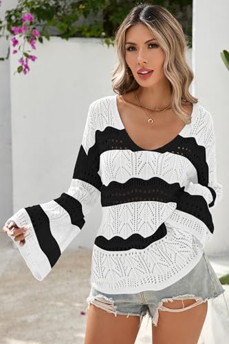 Image of Cakulo Womens Summer Crochet Tops Boho Off Shoulder Sweaters Lightweight V Neck Loose Vacation Resort Wear 2026