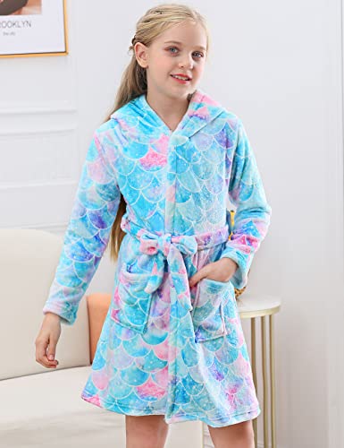 Mermaid Robes For Girls Flannel Hooded Bathrobes Kids Soft Plush Sleepwear Size 13 14 Long Sleeve Loungewear Pajamas Gift 13-14 Years #TOP1