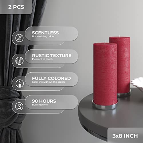 Candwax 3X8 Pillar Candle Set Of 2 - Decorative Rustic Candles Unscented And No Drip Candles - Ideal As Wedding Candles Or Large Candles For Home Interior - Bordeaux Candles #TOP2