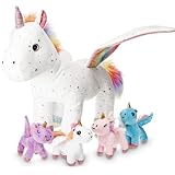 Hollowfly 5 Pcs Fly Unicorns Plush Toy Gift Set 15.7' Mom Unicorns with 4 Cute Babies Stuffed Animal in Zippered Back Nurturing Plushies Toy Set for Kid Adults Birthday Party Favors Gifts