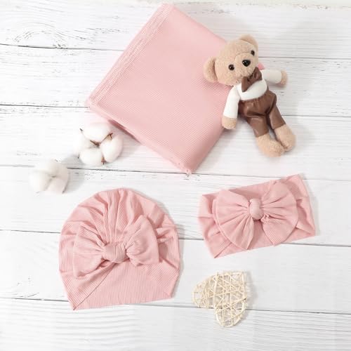 Image of DRESHOW BQUBO Baby Girl Newborn Receiving Blankets with Bow Hat Headband Wooden Birth Announcement Card Set Newborn Baby Swaddle Wrap Set Warm Shower Gift