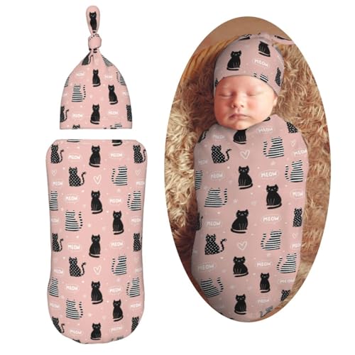 Image of Black Heart Cat Newborn Swaddle Blankets Hat Sets Soft Baby Receiving Blanket Swaddle Sack for Baby Shower Infant Boy Girl Gift