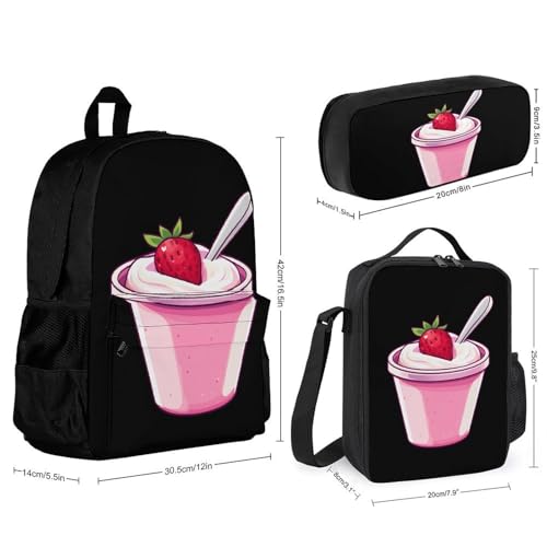 Strawberry Yogurt Backpack 3 Set with Lunch Bag Insulated Shoulder Meal Tote Bags Pencil Case Box Casual Daypack2