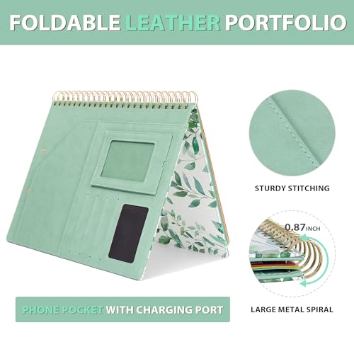 Image of Ospelelf Clipboard with Storage, Leather Padfolio Portfolio Organizer 5 Folders with 10 Pockets, Spiral Clipboard Folio with Notepad for Letter Size, Elastic Closure and Pen Loop Green Plants