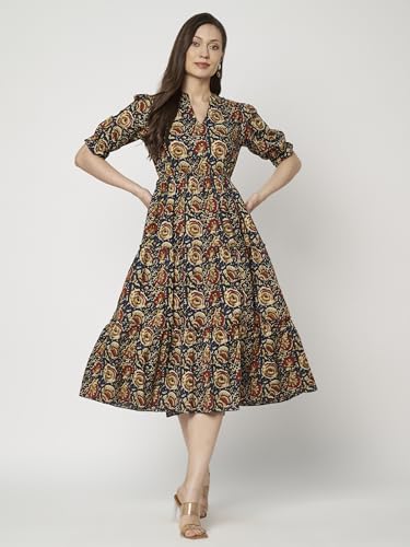 Image of Women's Floral Summer Maxi Dress I Cotton Printed I One Piece Bodycon Midi Dress with V-Neck, Puffed Sleeves
