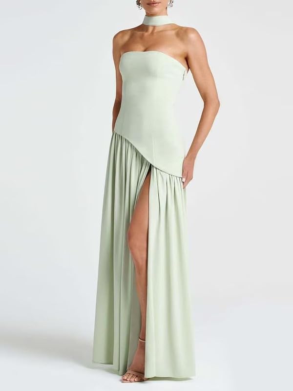 Strapless Bridesmaid Dress with Scarf 2026 Ruffle Chiffon Long Prom Dresses with Slit Evening Gown LA95