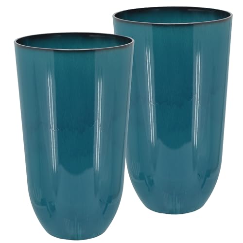 Arcadia Garden Products 25.5-inch Tall Set of 2 Teal Large Plastic Planter Pots with Drainage Plug...