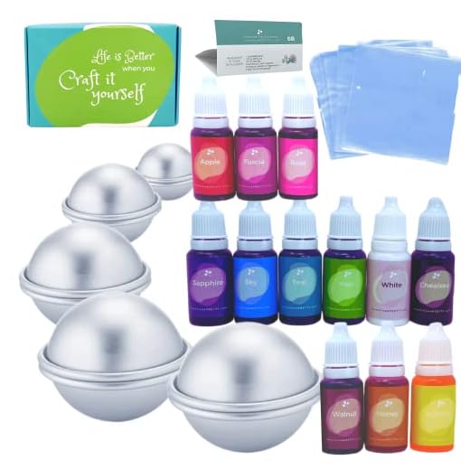 72 PCs Food Grade Bath Bomb Mold Set - 12 Soap Colorant. 10 Molds. 50 Shrink Wrap Bags. Bath Bomb Supplies Kit. with Instructions