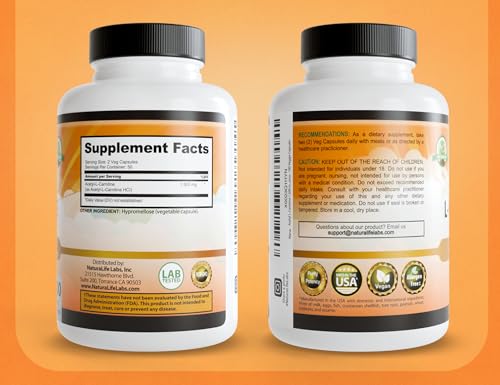 Image of NaturaLife Labs Acetyl L-Carnitine (ALCAR) 1500 mg per Serving - 100 Capsules - Non-GMO, Gluten-Free, Vegan (2 Pack)