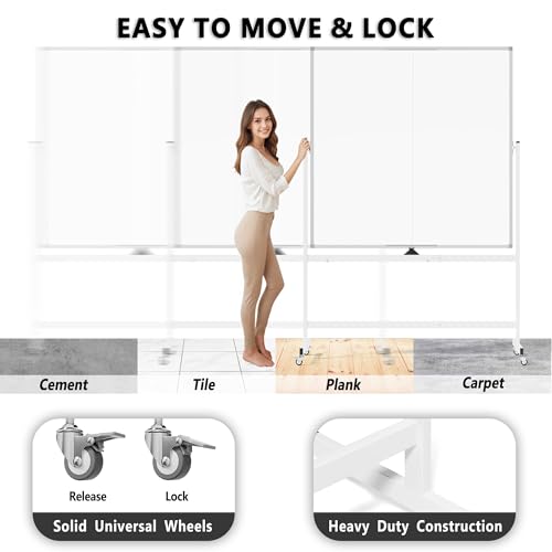 Image of Large Rolling Whiteboard on Wheels, 48 inch x 48 inch Double-Sided Mobile White Board with Stand, 4' x 4' Portable Standing Magnetic Dry Erase Board Easel for Home Office Classroom School, Silver