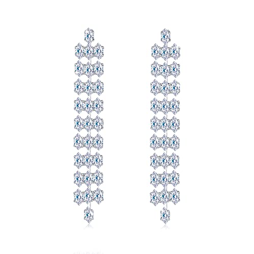 Frwiskp Wedding Earrings for brides, 18K White Gold Plated Sterling Silver Post Cubic Zirconia Dangle Earrings, Hypoallergenic tassel Earrings for Women