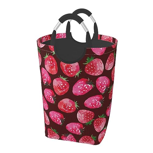 シンプルな水彩柄のイチゴ ット ハンドル付き 洗濯かご おもちゃ 収納オーガナイザー 折りたたみ式バケツ 洗濯箱 汚れた衣類バッグ 自宅 バスルーム 寝室 寮用