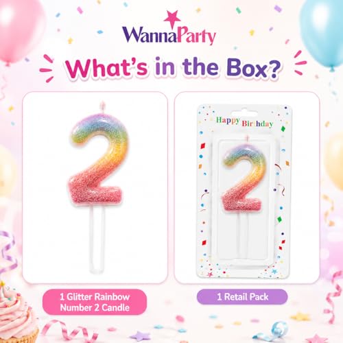 Image of Wanna Party Glitter Colorful 2nd Birthday Candle, Number 2 Cake Candle Cake Toppers for Girl Women, Glitter Colorful Themed Party Decorations Supplies Birthday Gifts
