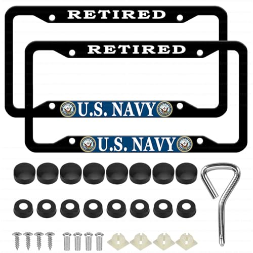 2 Pcs Aluminum Retired License Plate Frame for U.S. Navy,4-Hole Matte Black for United States Department of The Navy Veteran Car Licenses Plate Covers Holders Frames for Plates with Screw Caps by ZYEEXHB - Used condition - US$18.99