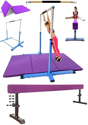 Athletic Bar Expandable Gymnastics Kip Bar 3 in 1 Set with 8 FT Adjustable Balance Tube, 6'x4' Mat for Kids, Horizontal Bar Junior Gymnastic Training Adjustable 3-5 FT Gymnast Asymmetric Bar Blue