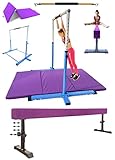 Athletic Bar Expandable Gymnastics Kip Bar 3 in 1 Set with 8 FT Adjustable Balance Tube, 6'x4' Mat for Kids, Horizontal Bar Junior Gymnastic Training Adjustable 3-5 FT Gymnast Asymmetric Bar Blue